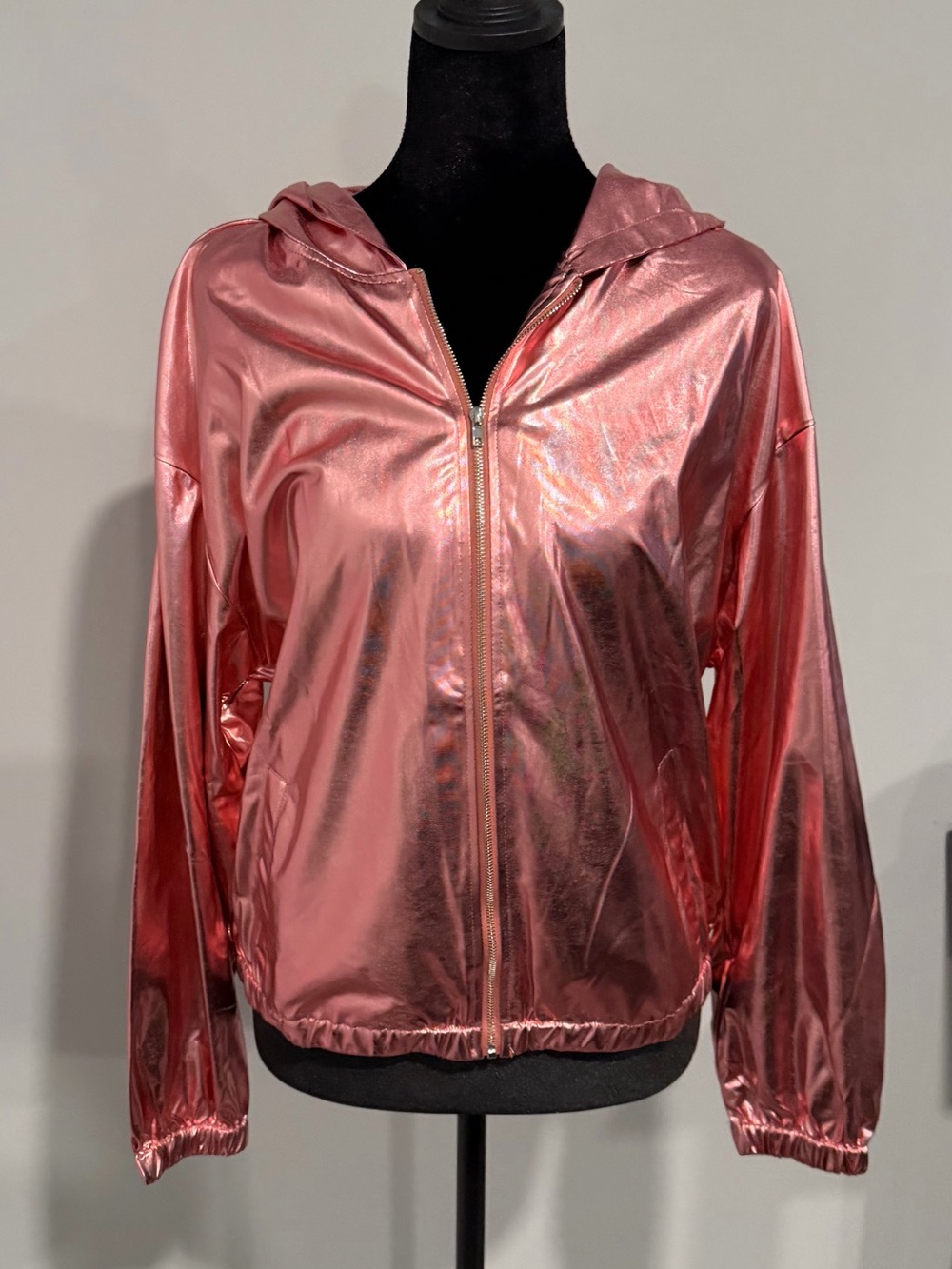Allegra K Metallic Rose Pink Hooded Bomber Jacket